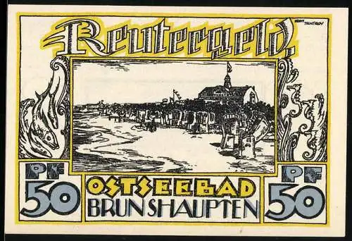 Notgeld Brunshaupten /Ostsee 1922, 50 Pfennig, Strandpartie mit Hotel