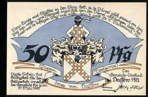 Notgeld Dassow i. M. 1922, 50 Pfennig, Ortspartie mit Kirche, Stadtwappen