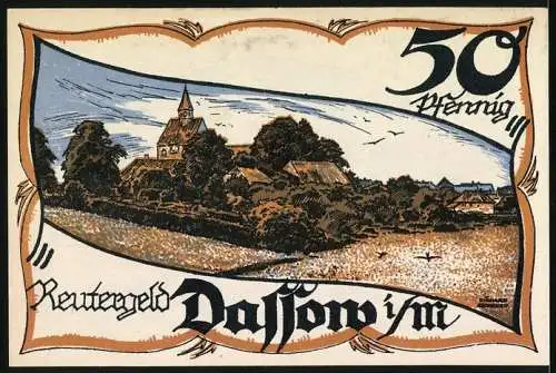Notgeld Dassow i. M. 1922, 50 Pfennig, Ortspartie mit Kirche, Stadtwappen
