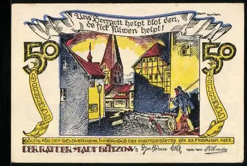 Notgeld Bützow 1922, 50 Pfennig, Hirte mit Schafen im Ort