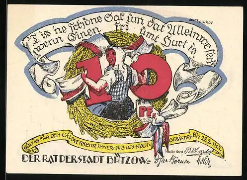 Notgeld Bützow 1922, 10 Pfennig, Rückenansicht von Bäuerin