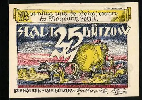 Notgeld Bützow 1922, 25 Pfennig, Bauer mit Ochsenwagen bei der Heuernte
