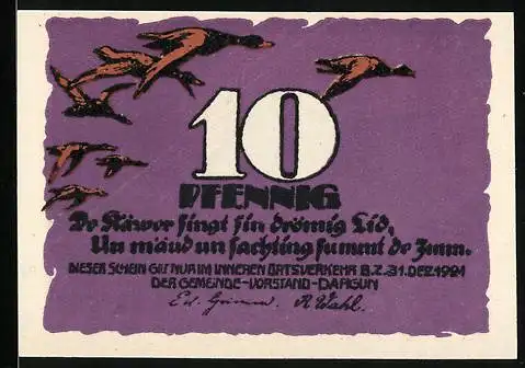 Notgeld Dargun 1921, 10 Pfennig, Kirche, Fliegende Enten