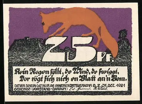 Notgeld Dargun 1921, 25 Pfennig, Ortspartie und Fuchs