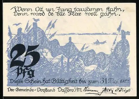 Notgeld Dassow 1922, 25 Pfennig, Uferpartie mit Fischernetz