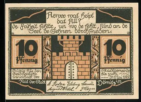 Notgeld Dömitz 1922, 10 Pfennig, Partie an der Festung, Burg