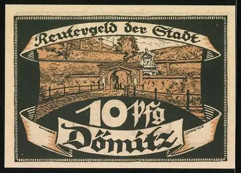 Notgeld Dömitz 1922, 10 Pfennig, Partie an der Festung, Burg