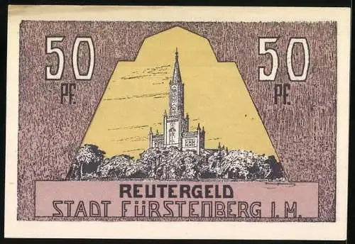 Notgeld Fürstenberg i. M. 1922, 50 Pfennig, Uferpartie mit Booten, Kirche