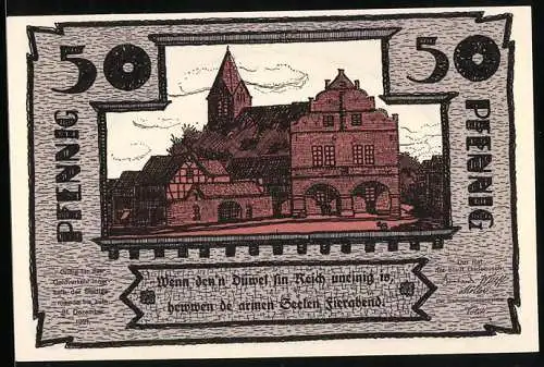 Notgeld Gadebusch 1921, 50 Pfennig, Ortspartie mit Kirche