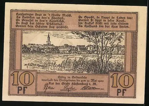 Notgeld Fürstenberg i. M. 1922, 10 Pfennig, Gebäudeansicht