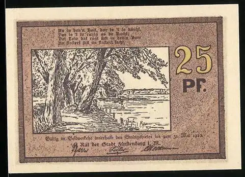 Notgeld Fürstenberg i. M. 1922, 25 Pfennig, Uferpartie mit Bäumen