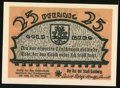 Notgeld Goldberg 1922, 25 Pfennig, Ortspartie, Wappen