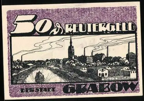 Notgeld Grabow 1921, 50 Pfennig, Uferpartie mit Kirche