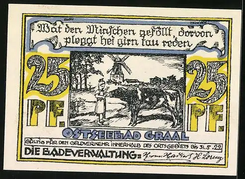 Notgeld Graal /Ostsee 1922, 25 Pfennig, Segelschiffe im Hafen