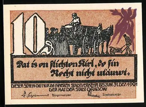 Notgeld Grabow 1921, 10 Pfennig, Bauer mit Pferdewagen