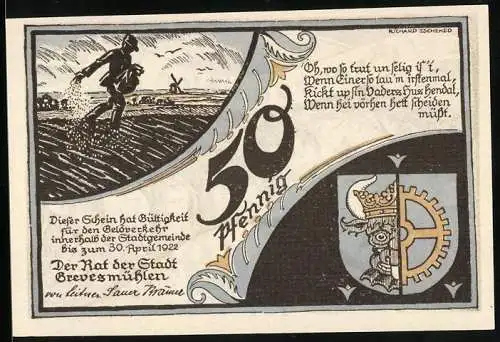 Notgeld Grevesmühlen 1922, 50 Pfennig, Bauer bei der Aussaat, Im Hintergrund Windmühle, Wappen