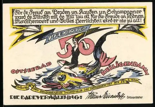 Notgeld Heiligendamm /Ostsee 1922, 50 Pfennig, Frau reitet auf Fisch