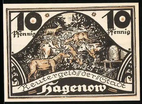 Notgeld Hagenow 1922, 10 Pfennig, Elche und Rinder
