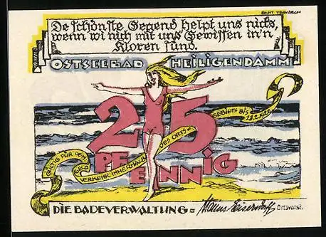 Notgeld Heiligendamm /Ostsee 1922, 25 Pfennig, Frau im Badeanzug am Strand