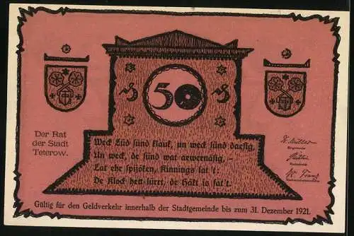 Notgeld Teterow 1921, 50 Pfennig, Brunnen, Wappen