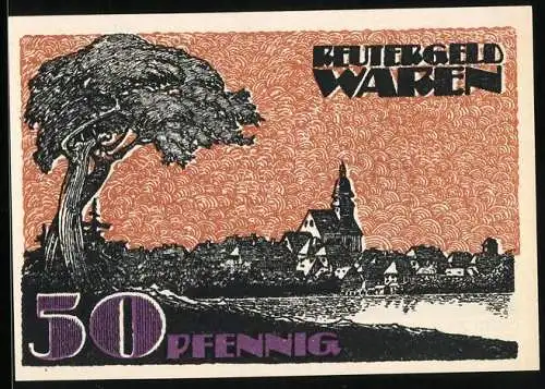 Notgeld Waren 1921, 50 Pfennig, Uferpartie mit Kirche