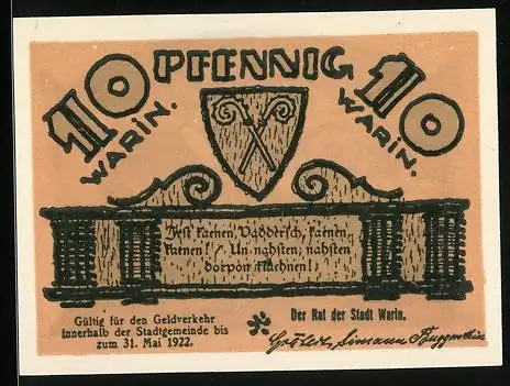 Notgeld Warin 1922, 10 Pfennig, Ortspartie, Wappen