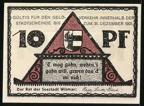 Notgeld Wismar 1921, 10 Pfennig, Kirche, Wappen