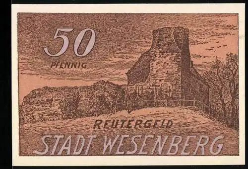 Notgeld Wesenberg 1922, 50 Pfennig, Ortspartie, Bauer mit Pflug