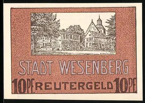Notgeld Wesenberg 1922, 10 Pfennig, Strassenpartie mit Kirche