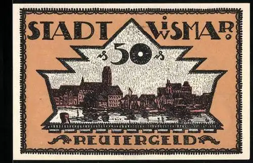 Notgeld Wismar 1921, 50 Pfennig, Teilansicht mit Kirche