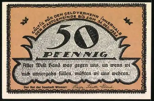 Notgeld Wismar 1921, 50 Pfennig, Teilansicht mit Kirche