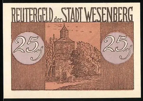 Notgeld Wesenberg 1922, 25 Pfennig, Strassenpartie und Kirche
