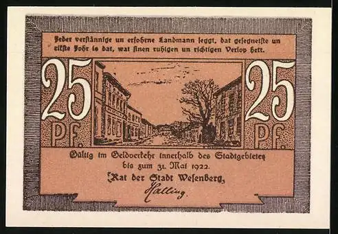 Notgeld Wesenberg 1922, 25 Pfennig, Strassenpartie und Kirche