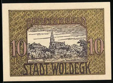 Notgeld Woldegk 1922, 10 Pfennig, Ortspartie mit Kirche