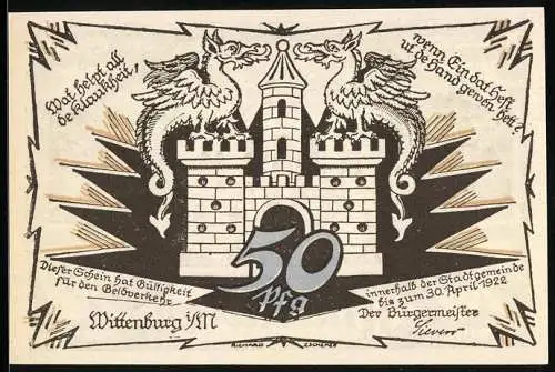 Notgeld Wittenburg 1922, 50 Pfennig, Rathaus, Drachen