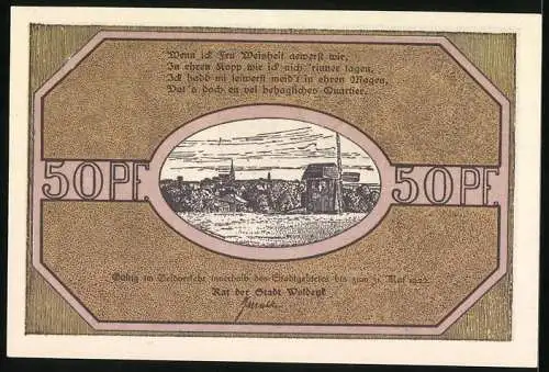 Notgeld Woldegk 1922, 50 Pfennig, Blick zur Kirche