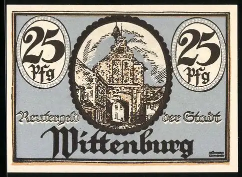 Notgeld Wittenburg 1922, 25 Pfennig, Steintor, Hirte mit Schafen unterm Baum