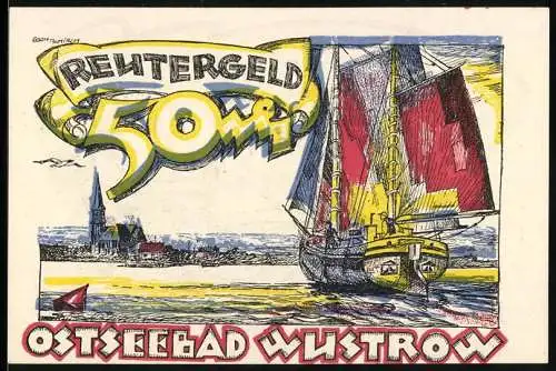 Notgeld Wustrow /Ostsee 1922, 50 Pfennig, Uferpartie mit Kirche und Segelboot