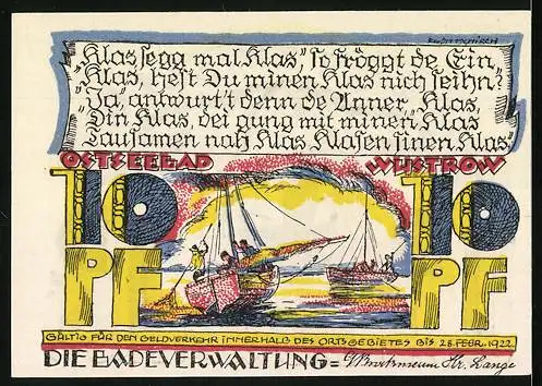 Notgeld Wustrow /Ostsee 1922, 10 Pfennig, Segelschiff