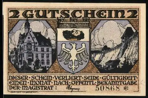 Notgeld Neheim /Ruhr, 2 Mark, Wappen, Rathaus, Brücke, Brotverteilung an Kinder