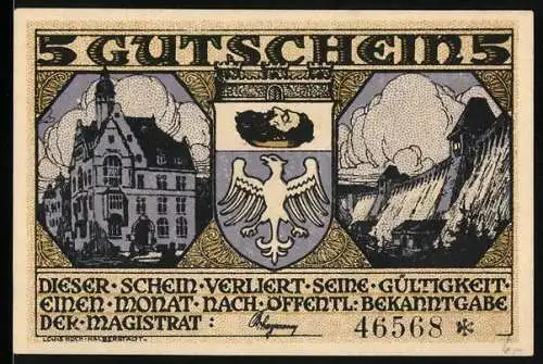 Notgeld Neheim /Ruhr, 5 Mark, Wappen, Rathaus, Brücke, Festliche Tafel