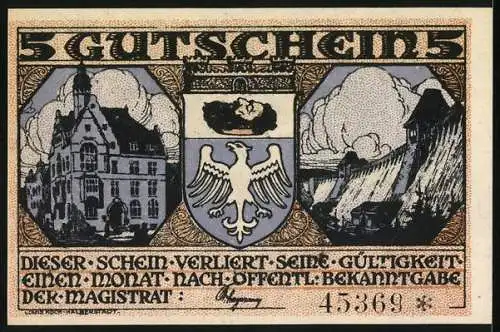 Notgeld Neheim /Ruhr, 5 Mark, Wappen, Rathaus, Brücke, Festliche Tafel mit Geflügel