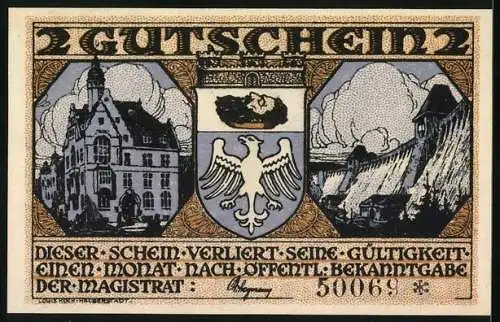 Notgeld Neheim /Ruhr, 2 Mark, Wappen, Rathaus, Brücke, Kinder erhalten Brezeln