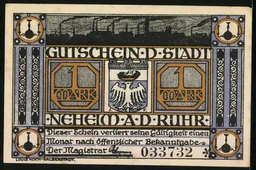 Notgeld Neheim /Ruhr, 1 Mark, Wappen, Industriepanorama, Fabrikgebäude bei Nacht