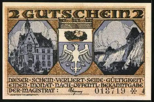 Notgeld Neheim /Ruhr, 2 Mark, Wappen, Rathaus, Brücke, Brezelverteilung an Kinder