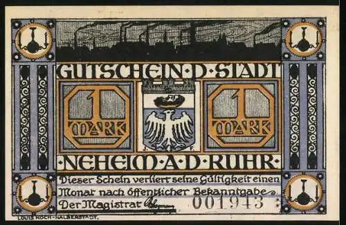 Notgeld Neheim /Ruhr, 1 Mark, Wappen, Industriepanorama, BeleuchtetesFabrikgebäude