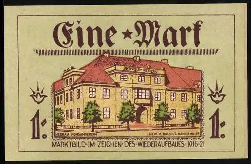 Notgeld Neidenburg /Ostpreussen 1921, 1 Mark, Füllhörner, Marktbild im Zeichen des Wiederaufbaus (Konsumverein)