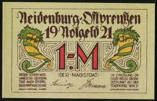 Notgeld Neidenburg /Ostpreussen 1921, 1 Mark, Füllhörner, Marktbild im Zeichen des Wiederaufbaus (Konsumverein)