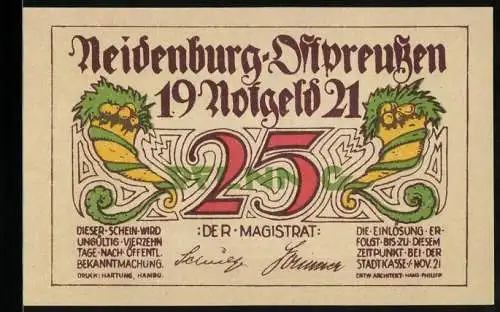 Notgeld Neidenburg /Ostpreussen 1921, 25 Pfennig, Füllhörner, Neidenburg