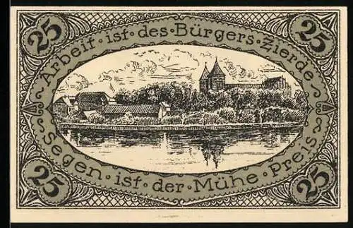 Notgeld Neidenburg /Ostpreussen 1920, 25 Pfennig, Wappen, Ortsansicht vom Wasser